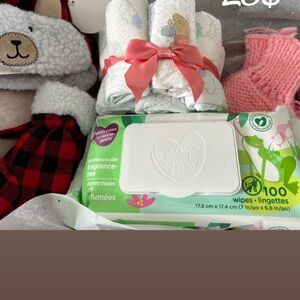 Baby Gift Set with Pink Knit Booties, Diapers, wipes & Red Plaid Bear Hat